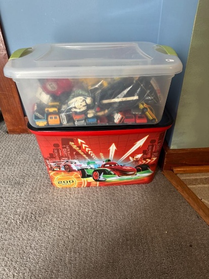 2 Totes with Assorted Toys Including Vehicles and Figurines ()