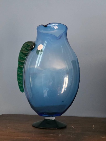 Blue and Green Glass Pitcher, 12 Inches Tall