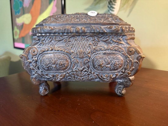 Ornate Metal Footed Box with Hinged Lid, 9 x 6 x 7 Inches