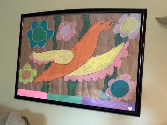 Framed Handcrafted Artwork Depicting a Colorful Bird and Flowers