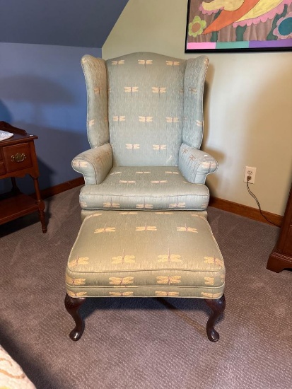 Wingback Chair and Ottoman Upholstered with Dragonfly Pattern