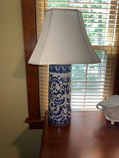 Blue and White Ceramic Table Lamp, Measures Approximately 28 Inches Tall