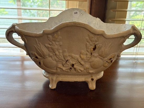 White Ceramic Planter with Floral Relief Design, 14x6x7 Inches