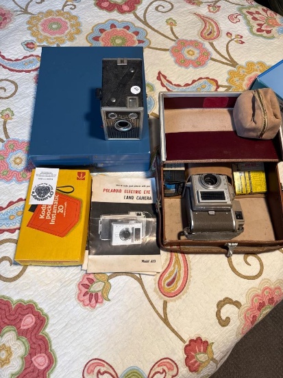 Vintage Ansco Shur Shot, Polaroid J33 Land Camera, and Kodak Pocket Instamatic 20