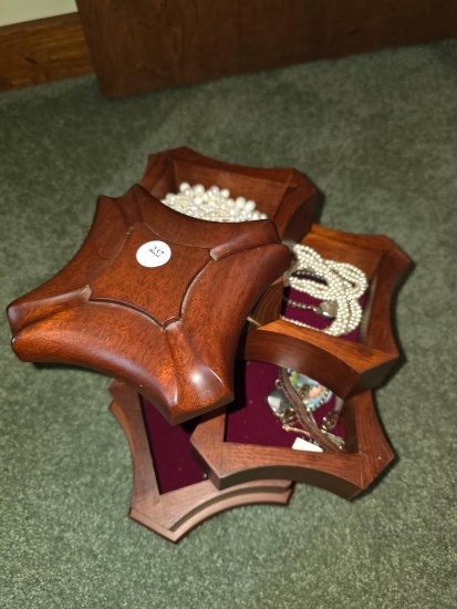 Wooden Rotating Jewelry Organizer with Velvet-Lined Compartments