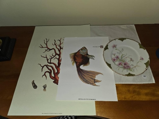 Unframed Prints, Floral Plate, and Fabric