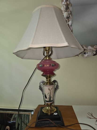 Vintage Table Lamp with Pink Glass and Brass Accents, 25 1/2 Inches High