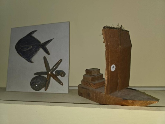 Ceramic Tile with Marine Relief and Wooden Model, Set of 2