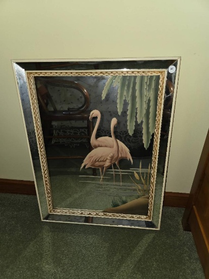 Framed and Matted Mirror with Flamingo Artwork, 19 1/4 x 25