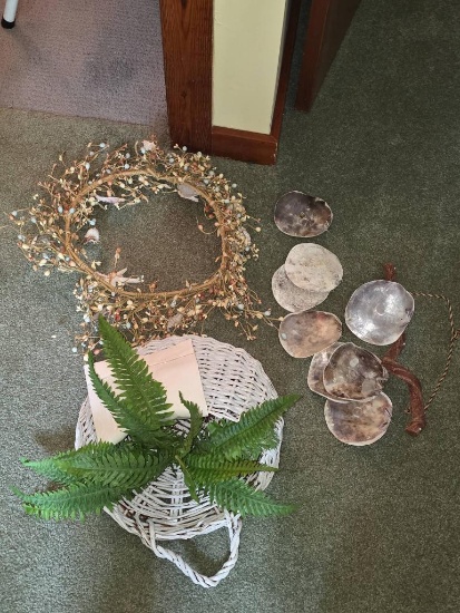 Decorative Lot: Twig Wreath, Artificial Fern Basket, and Hanging Shells