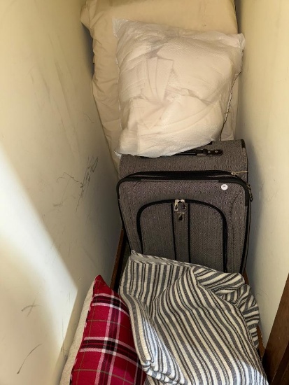 Lot of Assorted Items To Include Pillows, Suitcase, and Blanket
