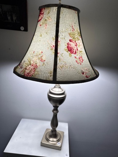 Brushed Metal Table Lamp With Floral Fabric Shade, 26 Inches Tall