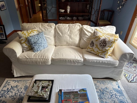 White Fabric Sofa With Slipcover  Measures 84 x 33 x 28 Inches