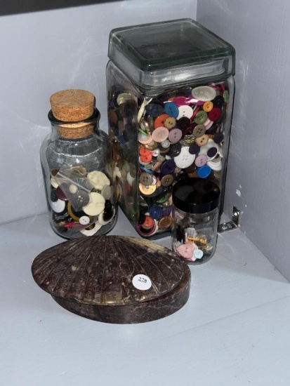 Lot of Assorted Items To Include Buttons and Jewelry in Decorative Containers