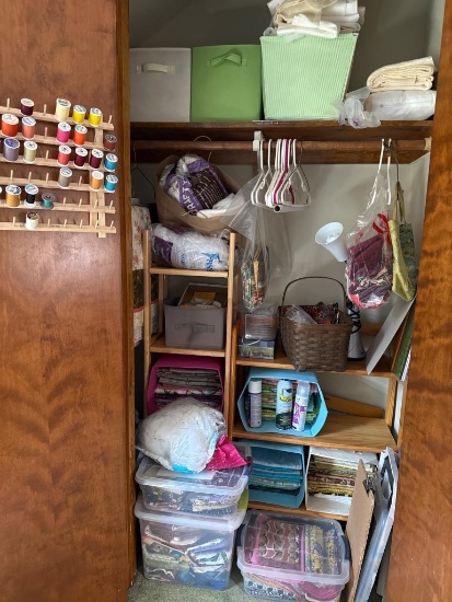 Closet Lot of Assorted Items to Include Craft Supplies, Fabrics, and Sewing Accessories