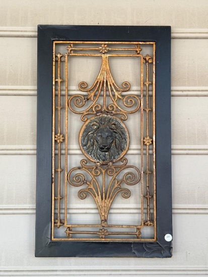 Pair of Decorative Iron Panels With Lion Reliefs, 14 in x 25 in