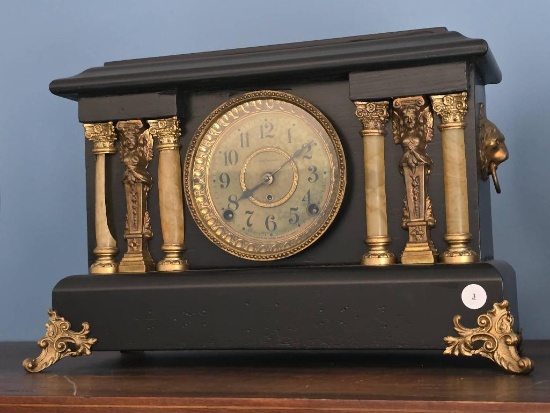 Black Mantel Clock with Columns and Ornate Detailing, 17X7X11H