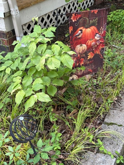 2 Outdoor Decor Items: Pumpkin Flag and Metal Garden Accessory,