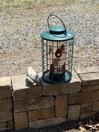 Lot of 2 Items: Green Metal Bird Feeder and Concrete Frog Garden Decor