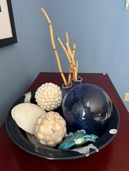 Decorative Bowl Set with Seashell Accents, Glass Sphere, and Bamboo Stems