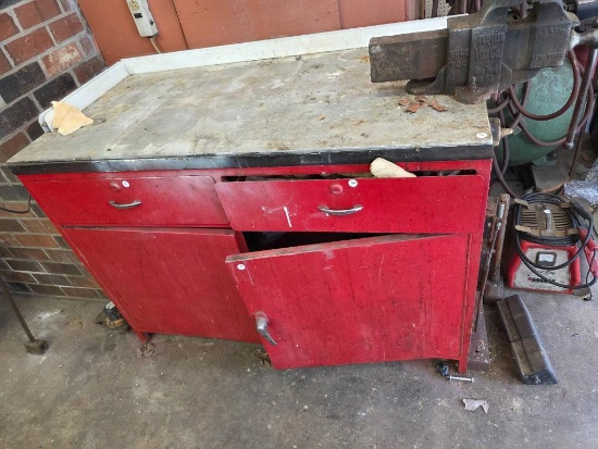 Used Red Metal Tool Cabinet With Two Drawers and Two Doors,