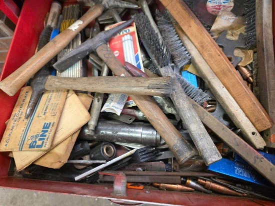 Assorted Hand Tools Including Hammers, Wire Brushes, and Accessories