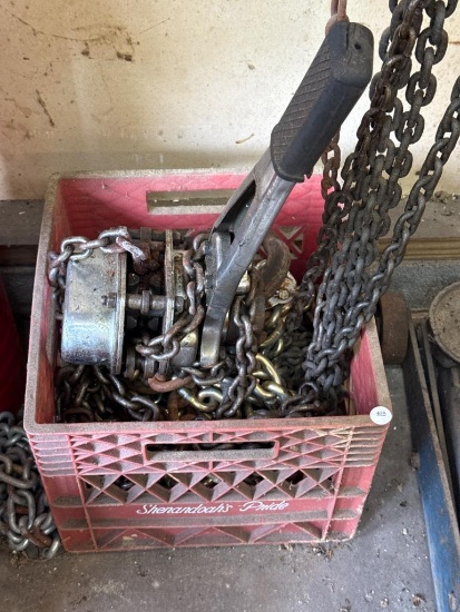Metal Chain Hoist, Hooks, and Assorted Chains in Crate