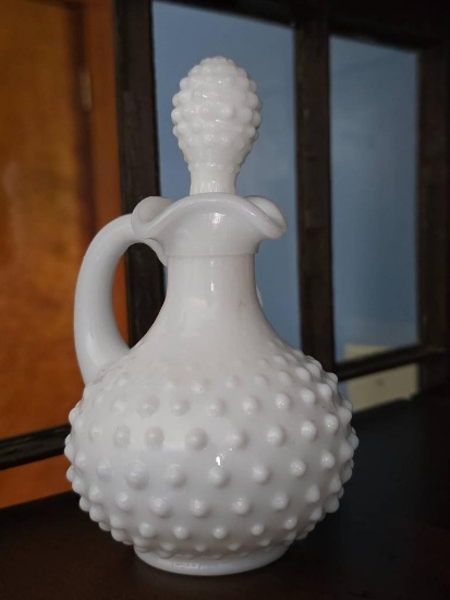 White Hobnail Milk Glass Cruet with Stopper, 5 1/2 High
