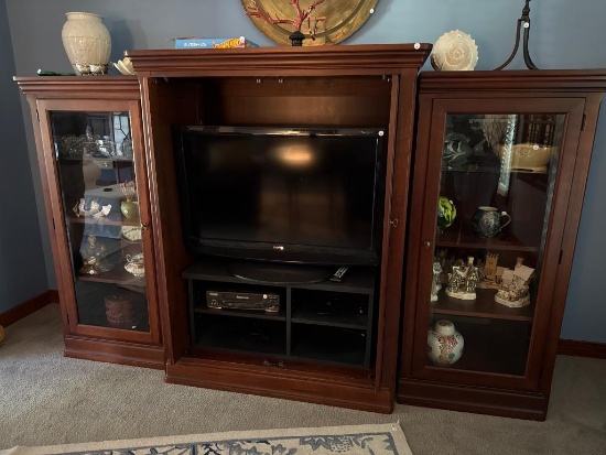 Wooden Entertainment Center With Glass Cabinets and Adjustable Shelving,