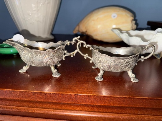 Two Ornate Silverplate Gravy Boats with Footed Design