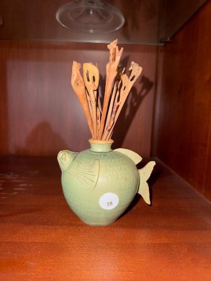 Green Ceramic Fish-Shaped Vase with Decorative Reeds,