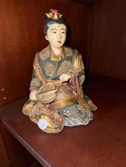 Hand-Painted Ceramic Figurine of Seated Woman, Approximately 9.5 Inches Tall