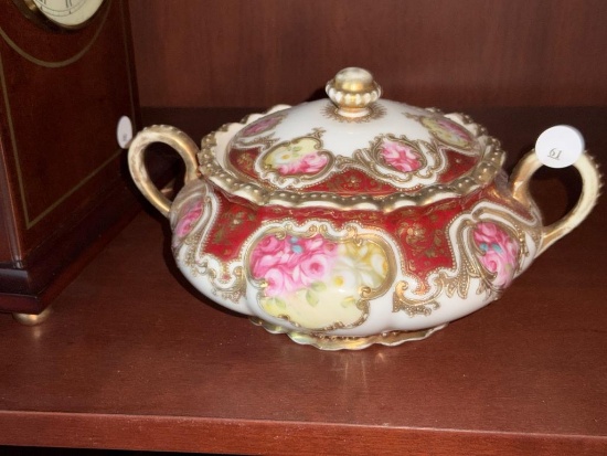 Nippon Hand-Painted Porcelain Covered Dish with Floral Design