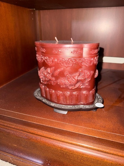 Red Carved Decorative Wax Candle With Two Wicks on Metal Base ()