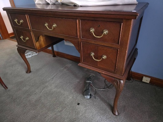 Wooden Desk With Brass Pull Handles, Unsigned, 48L x 19 3/4W x 30 1/2H