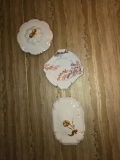 3 Porcelain Items with Floral and Fish Motifs, Varied Sizes,