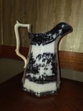 Black and White Ceramic Pitcher with Scenic Design, 9 1/4H,