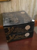 Black Lacquered Two-Tier Storage Box with Floral Motif,
