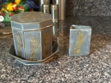Octagonal Metal Container and Small Matching Box with Engravings
