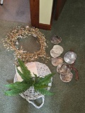 Decorative Lot: Twig Wreath, Artificial Fern Basket, and Hanging Shells