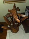 Carved Wooden Sculpture With Floral Motif, 12 Inches Tall