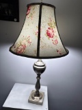 Brushed Metal Table Lamp With Floral Fabric Shade, 26 Inches Tall
