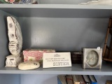 Shelf Lot of Assorted Items Including Seiko Clock and Decorative Pieces