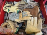 of Assorted Work Gloves and Tools in Red Storage Tray