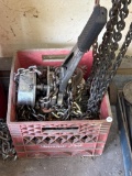 Metal Chain Hoist, Hooks, and Assorted Chains in Crate