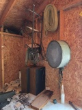 Corner Lot of Miscellaneous Items Including Fisher Speakers and Tools