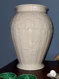 White Ceramic Vase with Embossed Ivy Motif, 12 Inches Tall,