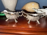 Two Ornate Silverplate Gravy Boats with Footed Design