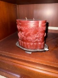 Red Carved Decorative Wax Candle With Two Wicks on Metal Base ()
