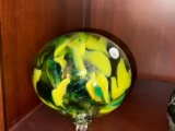 Hand-Blown Glass Orb With Yellow and Green Swirl Design